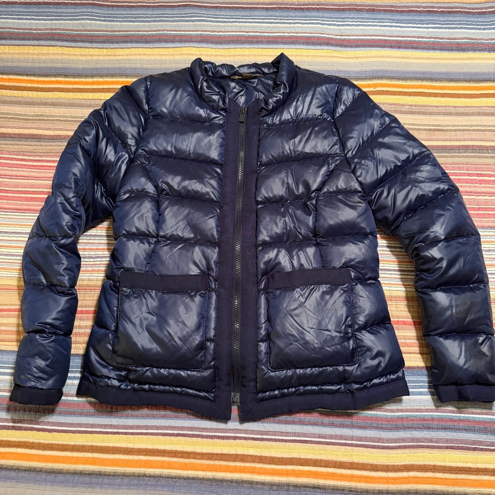 Tommy‎ Bahama Navy Blue Quilted Puffer Jacket Grosgrain Trim Full Zip Womens S